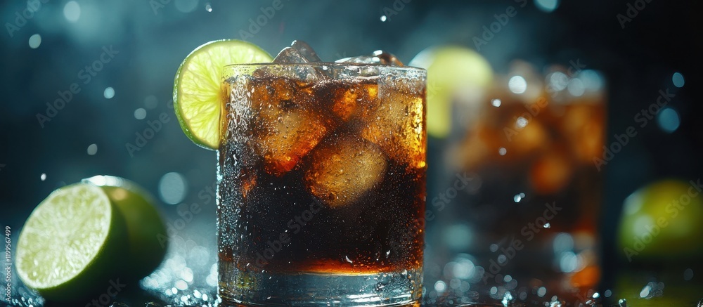 Poster refreshing glass of cola with ice cubes and lime on a moody background, showcasing condensation and 
