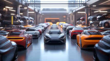 Obraz premium Car subscription services with a variety of cars neatly displayed in a futuristic urban space,