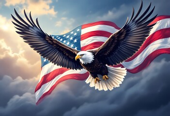 Large eagle is flying over a red, white, and blue American flag