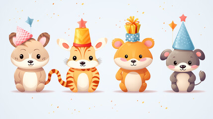Fototapeta premium Cute animal characters celebrating with party hats at a colorful birthday party for children and young ones