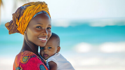 African mother with a child in her arms on the beach by the sea. Portrait photo of African mother wearing traditional clothes with child