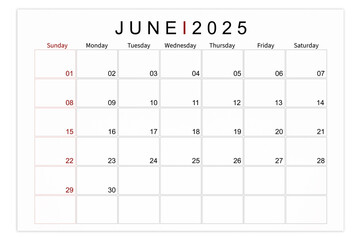 June 2025 Blank calendar page isolated on white background.