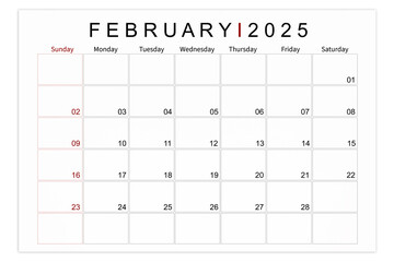 February 2025 Blank calendar page isolated on white background.