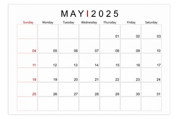 May 2025 Blank calendar page isolated on white background.
