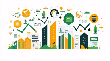 Fototapeta premium Vector illustration of business graphics showing career growth, success, and environmental protection, with flat color icons and business analysis elements.