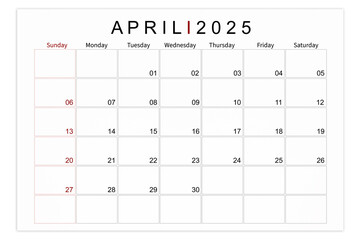 April 2025 Blank calendar page isolated on white background.