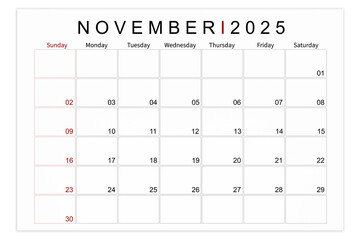 November 2025 Blank calendar page isolated on white background.
