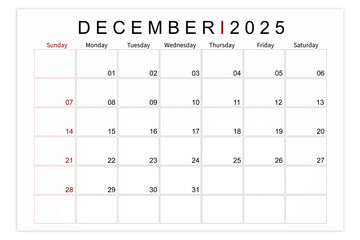 December 2025 Blank calendar page isolated on white background.
