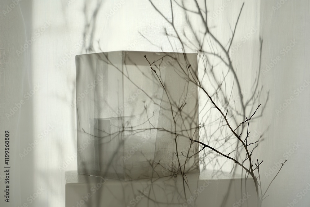 Poster ethereal double exposure of a transparent tissue box surrounded by delicate branches, creating a dre