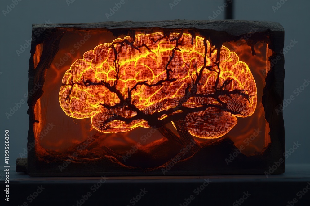 Poster intricate design of a glowing lamp with double exposure effect reflecting a brain structure illumina
