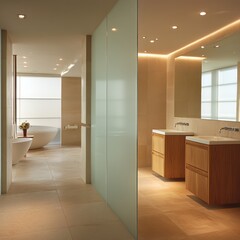 Modern minimalist bathroom design with dual sinks and bathtub