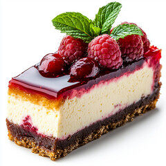 A slice of cheesecake with raspberries on top
