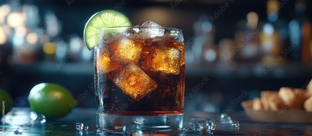Poster refreshing glass of cola with lime slice and ice cubes on rustic bar counter with soft ambient light