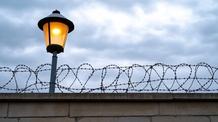 Obraz premium Barbed wire lines the top of a high fence under a dark grey sky, evoking the somber atmosphere of a prison environment