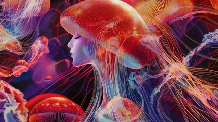 Obraz premium Abstract jellyfish human profile portrait surreal art with dark background Generated AI