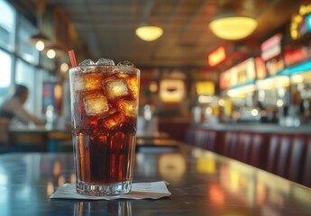 Refreshing Glass of Cold Cola with Ice Cubes on a Table in a Retro Cafe Atmosphere with Blurred Background and Warm Lighting