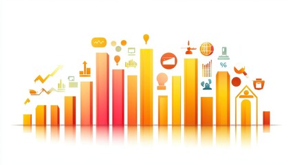 A bar chart with icons, small business theme, flat vector style, warm tones, isolated on white background