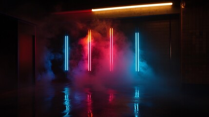 Naklejka premium Neon Lights in a Smoky Garage: Cyberpunk Aesthetic