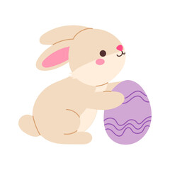 Art & IllustrationA cute rabbit holding an egg in its paws. The rabbit is sitting on the ground and he is holding the egg with care