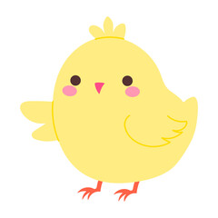 A cute yellow chicken with a pink beak and a pink head. The chicken is standing on its two legs and has a pink wing