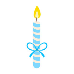 A blue and white candle with a blue ribbon around it. The candle is lit and the ribbon is tied around it