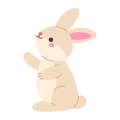 A cute rabbit is standing on a white background. The rabbit is smiling and has its paw raised