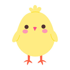 A cute cartoon chicken with a yellow body and pink feet. The chicken has a cute expression and is standing on its two legs