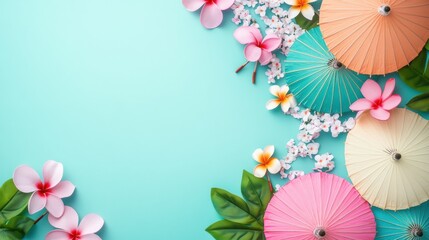 Tropical spring break background with pastel umbrellas and flower garlands