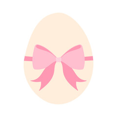 A pink bow is tied around an egg. The bow is tied around the egg in a way that it looks like it is being held by a ribbon