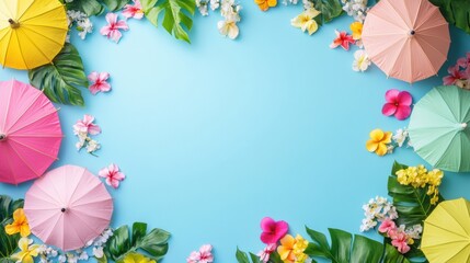 Tropical spring break background with pastel umbrellas and flower garlands