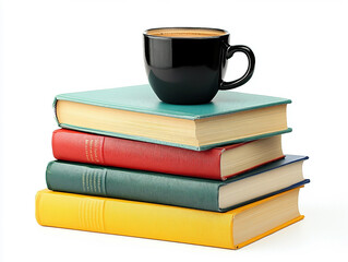 Naklejka premium A stack of books with a cup of coffee on top