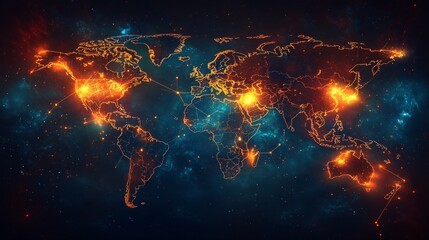 3D world map with glowing nodes and complex networks, symbolizing global communication, connectivity, and digital interconnectedness across borders.