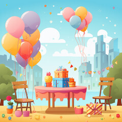 Celebration setup with colorful balloons and gifts in a festive outdoor setting by the water