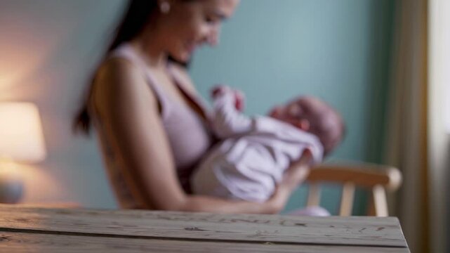 Young mother cradling newborn baby near milk-filled bottle resting on wooden table, capturing gentle moments of motherhood within cozy, soft-focused interior space