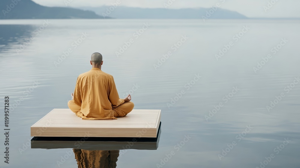 Poster elegant a buddhist monk meditating on a small wooden raft floating on a calm lake surrounded by fog 