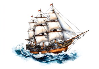 Majestic Sailing Ship with Billowing White Sails Navigating Through Turbulent Ocean Waves, Capturing the Spirit of Exploration and Adventure on the High Seas