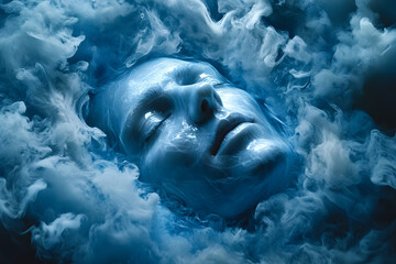 Mystische Ruhe – Surreales Gesicht in Wolken und Nebel