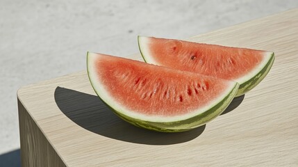 Elegant A close up of fresh watermelon slices on a wooden table with droplets of condensation glistening in the warm summer sun 