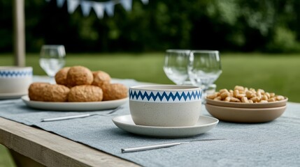 Elegant A family gathering at a picnic table decorated with patriotic streamers enjoying food and sharing memories to honor Memorial Day 