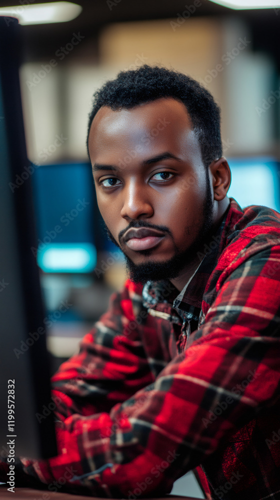 Poster african american programmer concentrating on coding, working intently at desktop computer in contemp