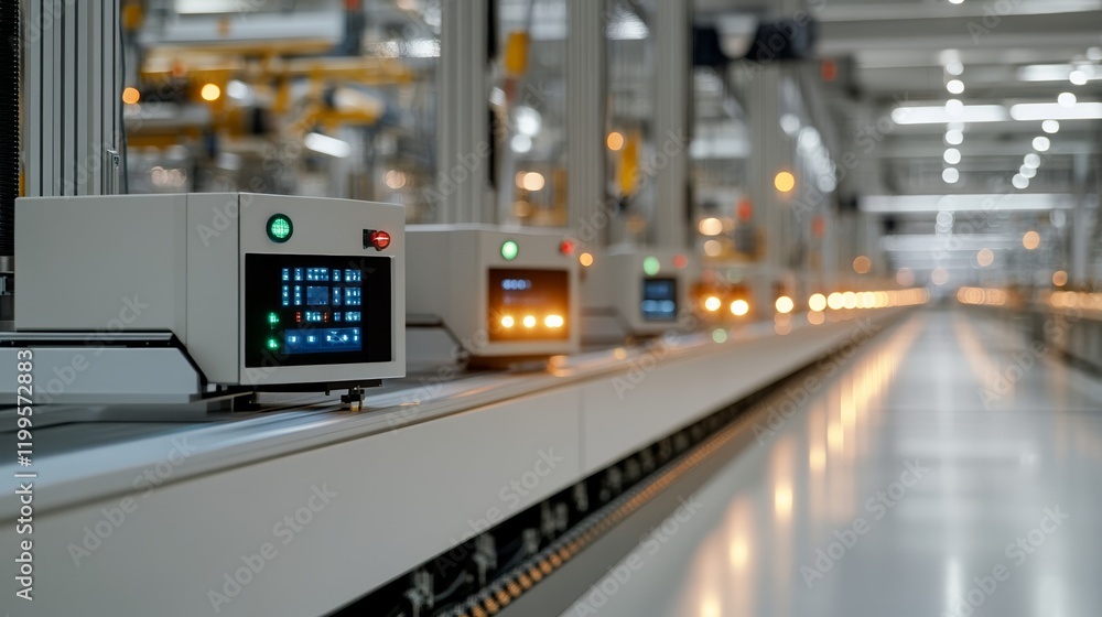 Poster elegant a futuristic factory with sleek automated assembly lines producing electronic devices glowin