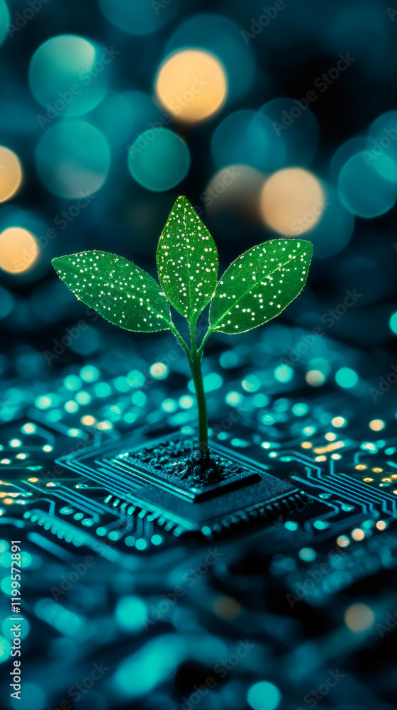 Fototapete small plant with green leaves growing from a microchip on a circuit board with bokeh lights in the b