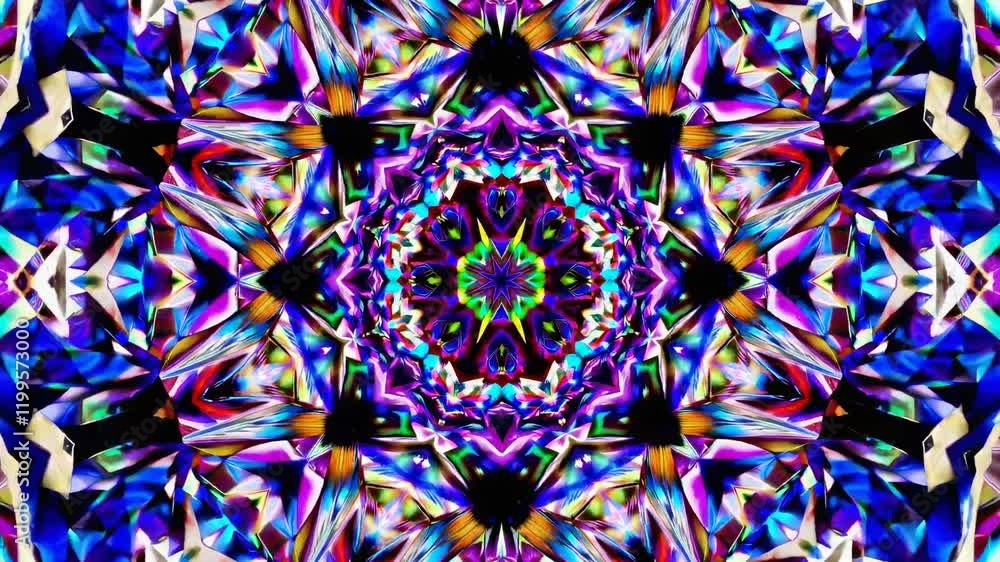 Poster six kaleidoscope patterns with vibrant colors and intricate geometric designs seamlessly transform a