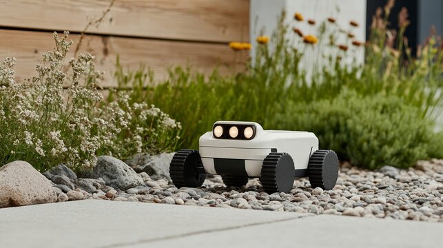 Elegant A garden robot with LED eyes navigating a rock garden using its claw like grippers to place decorative stones in an artistic pattern 