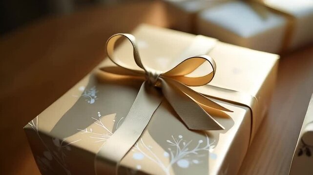 Wedding gifts in various colors including gold and silver, floral patterns on the wrapping paper