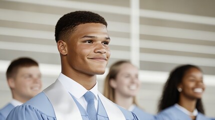 Elegant A graduate smiling brightly while holding their diploma and walking across the stage with classmates clapping in the background 