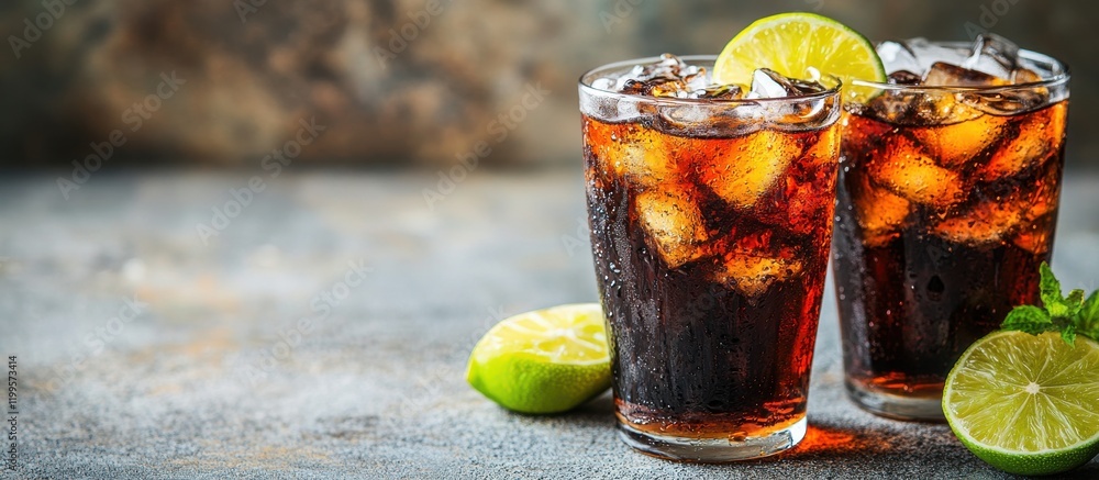 Poster refreshing glasses of cold soda with ice cubes and lime wedges on a rustic table perfect for summer 