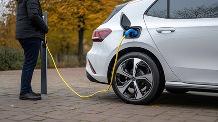 This close-up view showcases the sleek headlights and front design of a modern electric car painted...