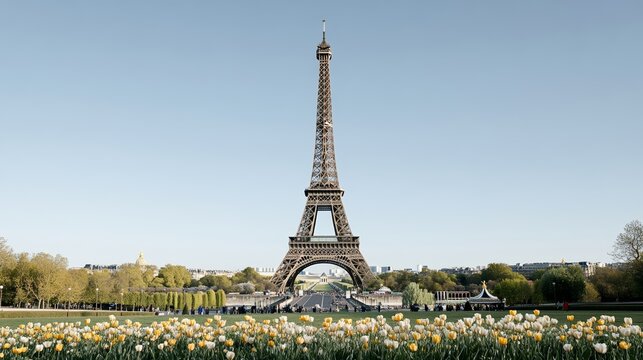 Elegant A group of tourists taking photos at the Eiffel Tower in Paris with bright sunshine and blooming flowers in the surrounding Champ de Mars 