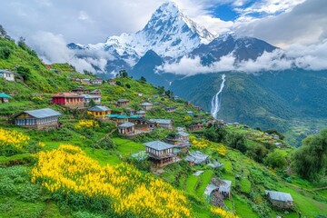 Fototapeta premium A lone ranger stands on a rocky outcrop overlooking a vast, fog-covered forest under a clear sky. Beautiful simple AI generated image